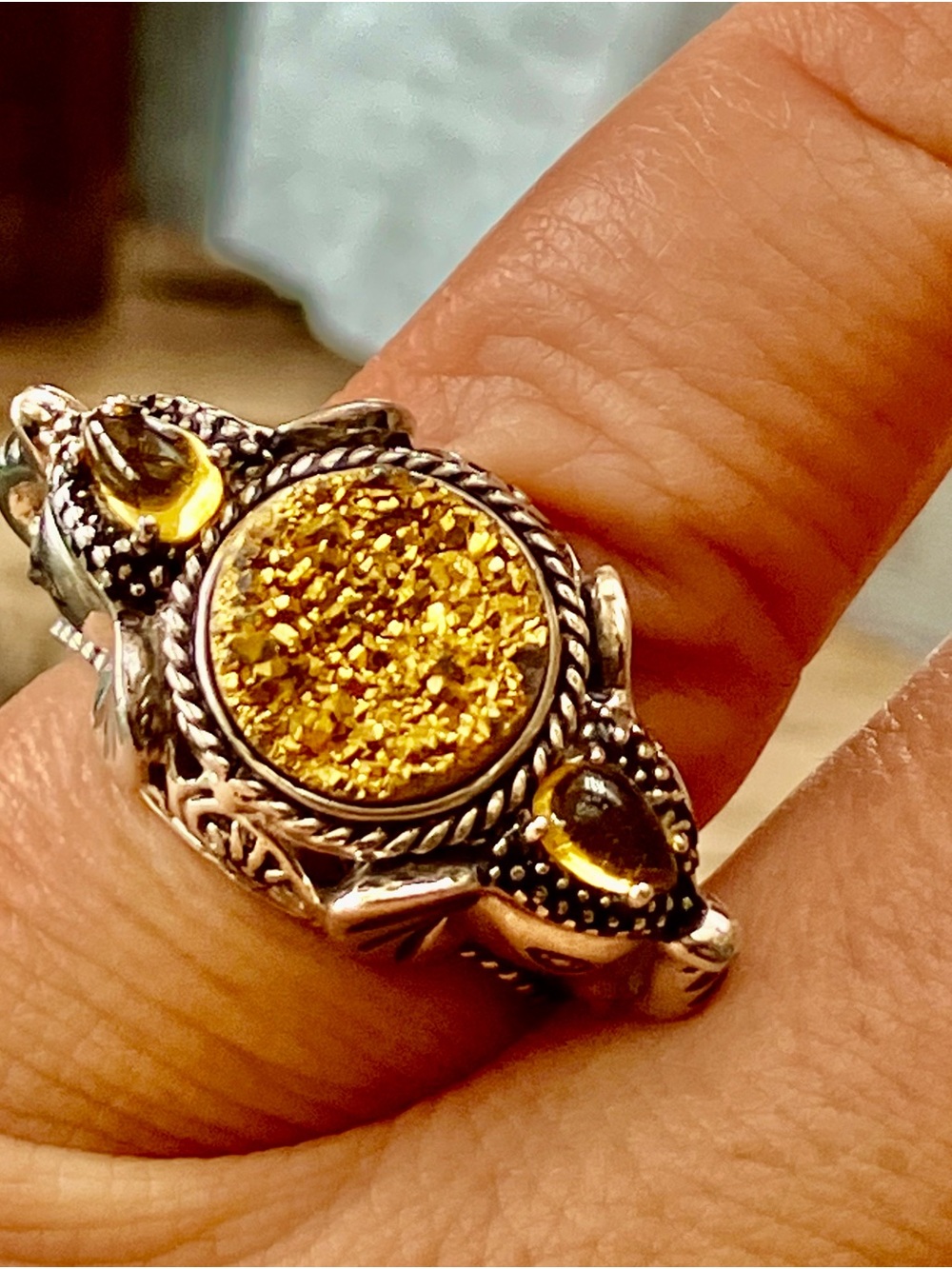 Signed SAJEN 925 Sterling Gold Druzy Quartz Citrine ELEPHANT Ring Size 7